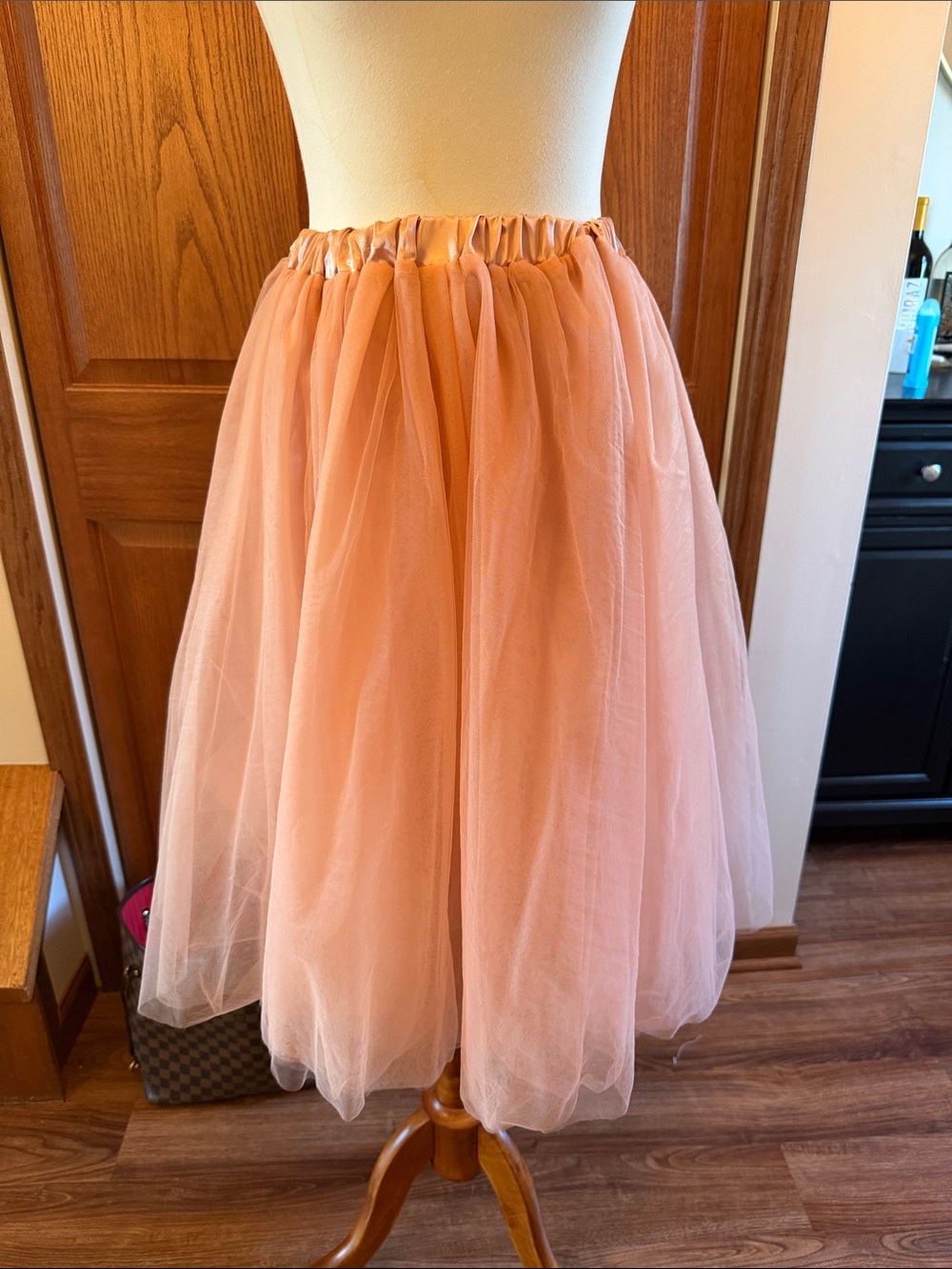 Women's Peach Tulle Midi Skirt - Elegant Full A-Line